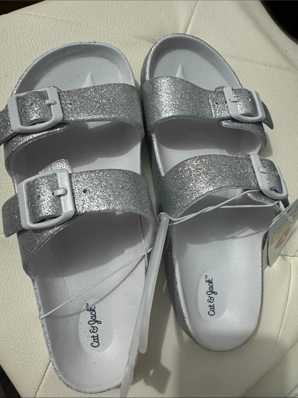 Cat & Jack Silver Glitter Double Buckle Slide Sandals for Kids